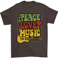 Peace Love Music Guitar Hippy Flower Power Mens T-Shirt 100% Cotton Dark Chocolate