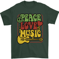 Peace Love Music Guitar Hippy Flower Power Mens T-Shirt 100% Cotton Forest Green