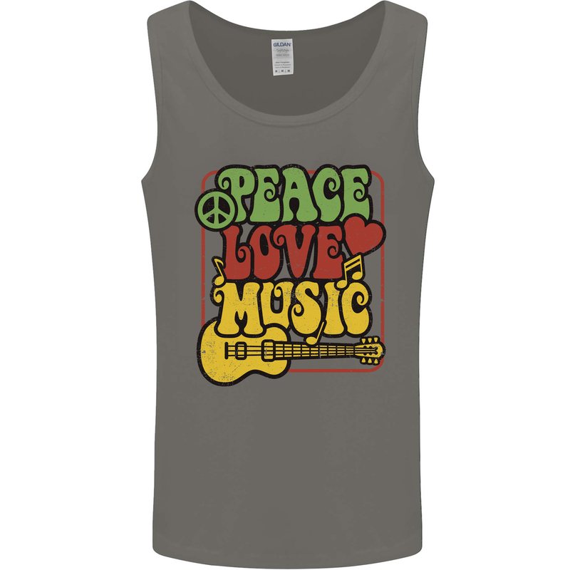 Peace Love Music Guitar Hippy Flower Power Mens Vest Tank Top Charcoal