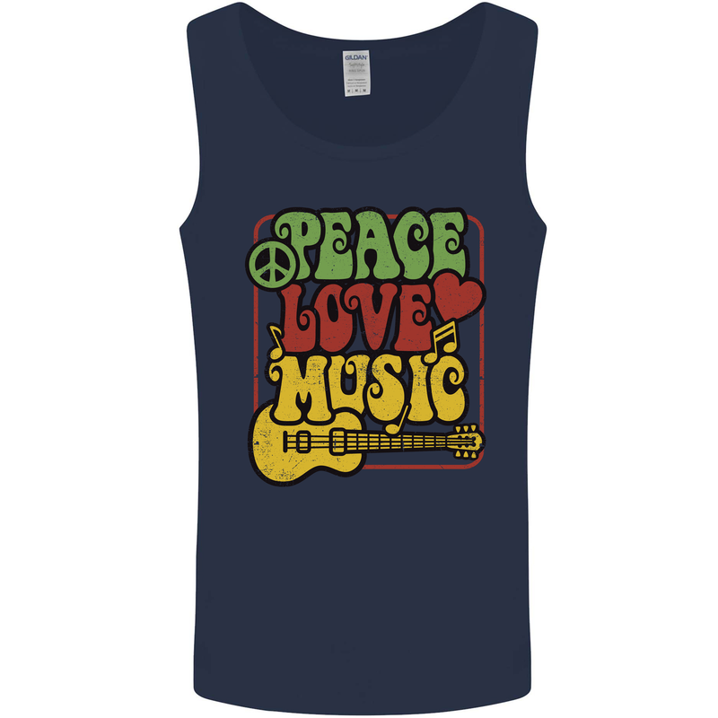Peace Love Music Guitar Hippy Flower Power Mens Vest Tank Top Navy Blue