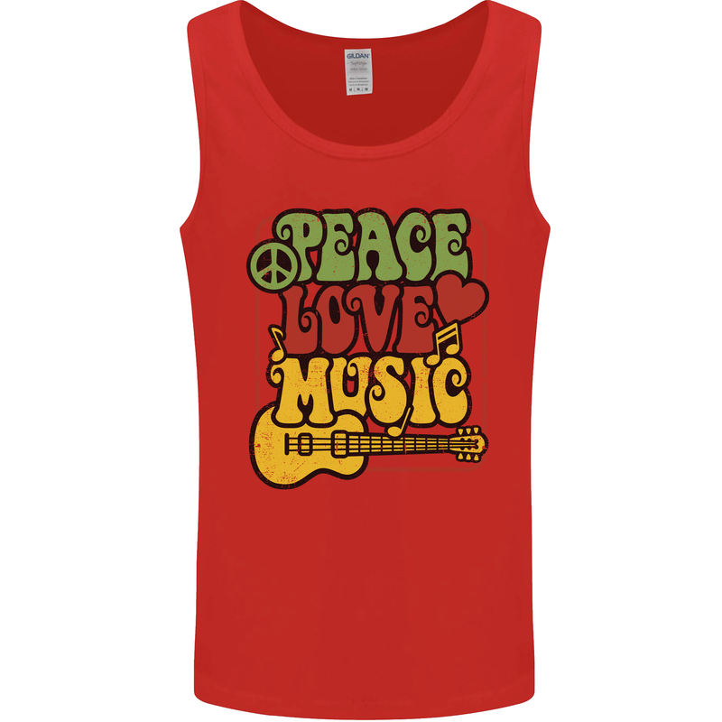 Peace Love Music Guitar Hippy Flower Power Mens Vest Tank Top Red
