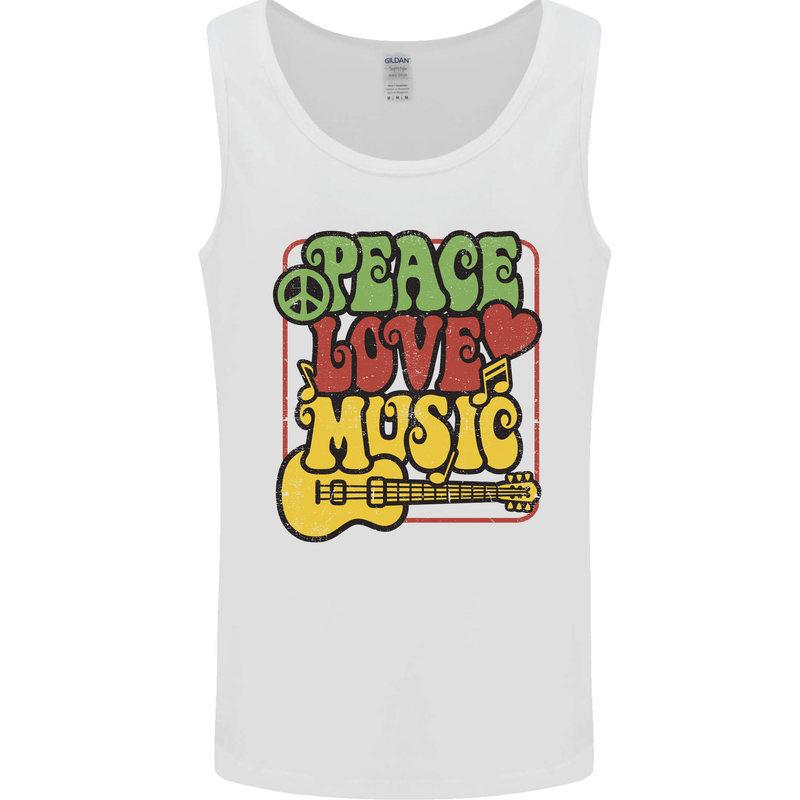 Peace Love Music Guitar Hippy Flower Power Mens Vest Tank Top White