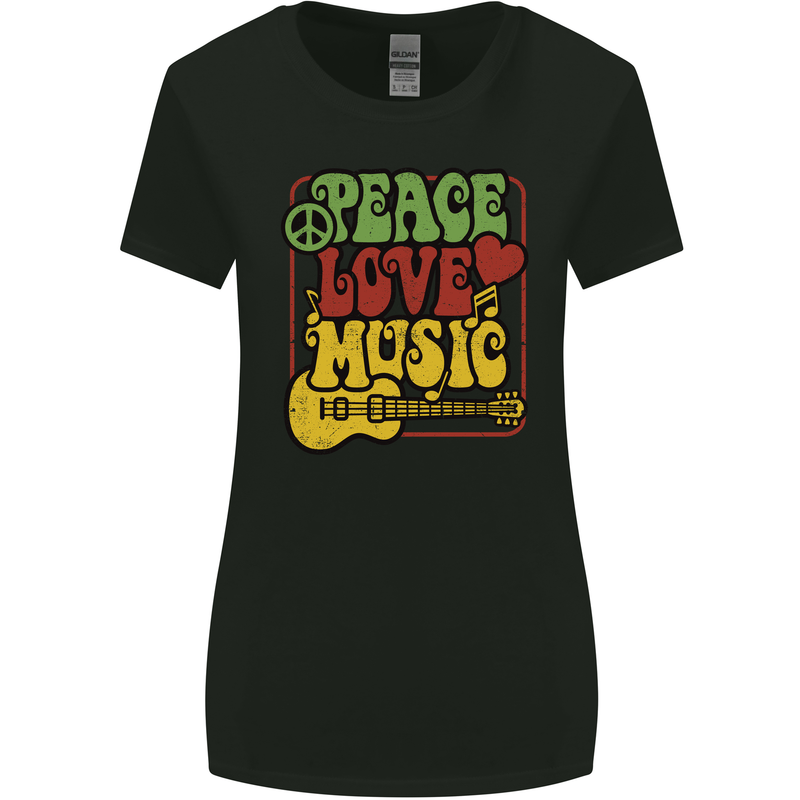 Peace Love Music Guitar Hippy Flower Power Womens Wider Cut T-Shirt Black