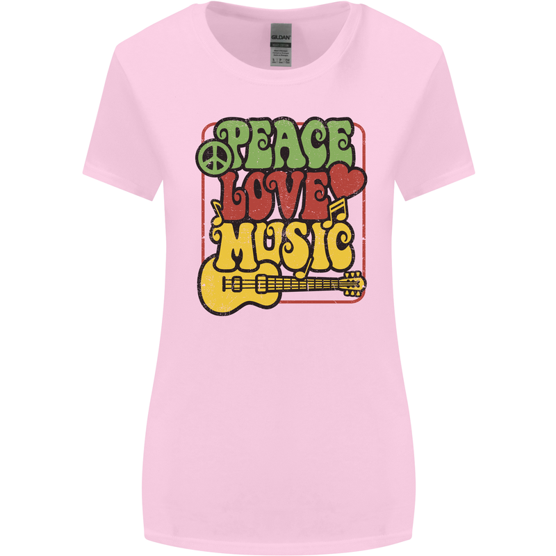 Peace Love Music Guitar Hippy Flower Power Womens Wider Cut T-Shirt Light Pink