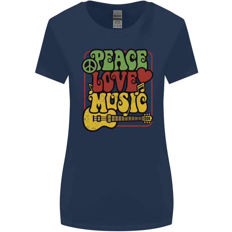 Peace Love Music Guitar Hippy Flower Power Womens Wider Cut T-Shirt Navy Blue