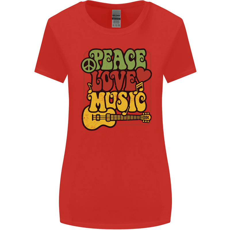 Peace Love Music Guitar Hippy Flower Power Womens Wider Cut T-Shirt Red