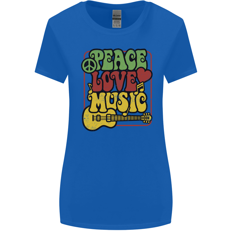 Peace Love Music Guitar Hippy Flower Power Womens Wider Cut T-Shirt Royal Blue