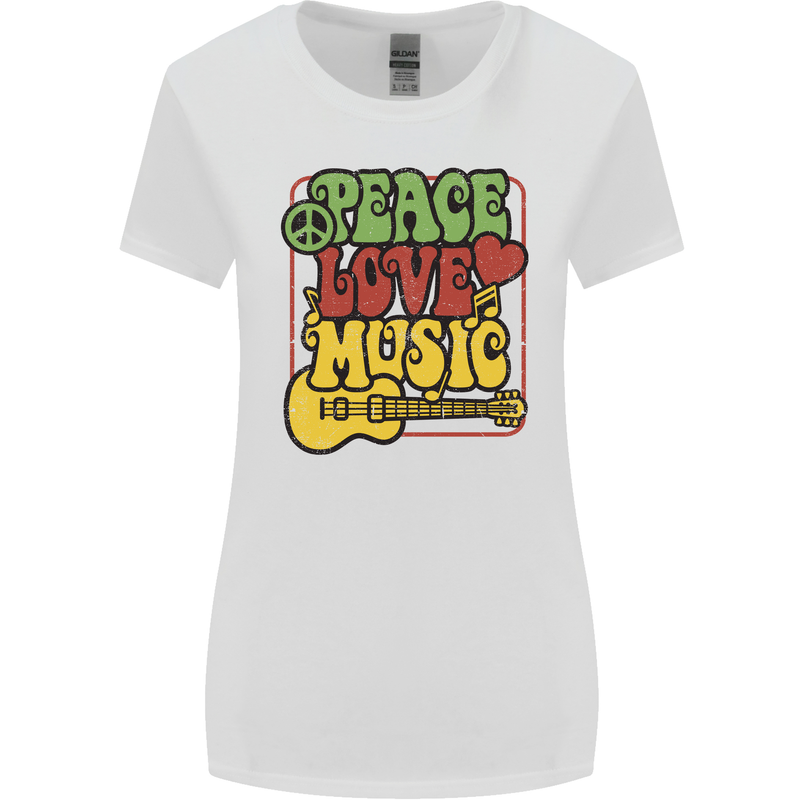 Peace Love Music Guitar Hippy Flower Power Womens Wider Cut T-Shirt White