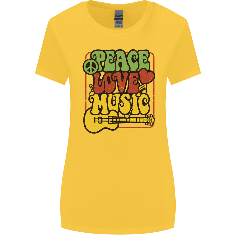 Peace Love Music Guitar Hippy Flower Power Womens Wider Cut T-Shirt Yellow