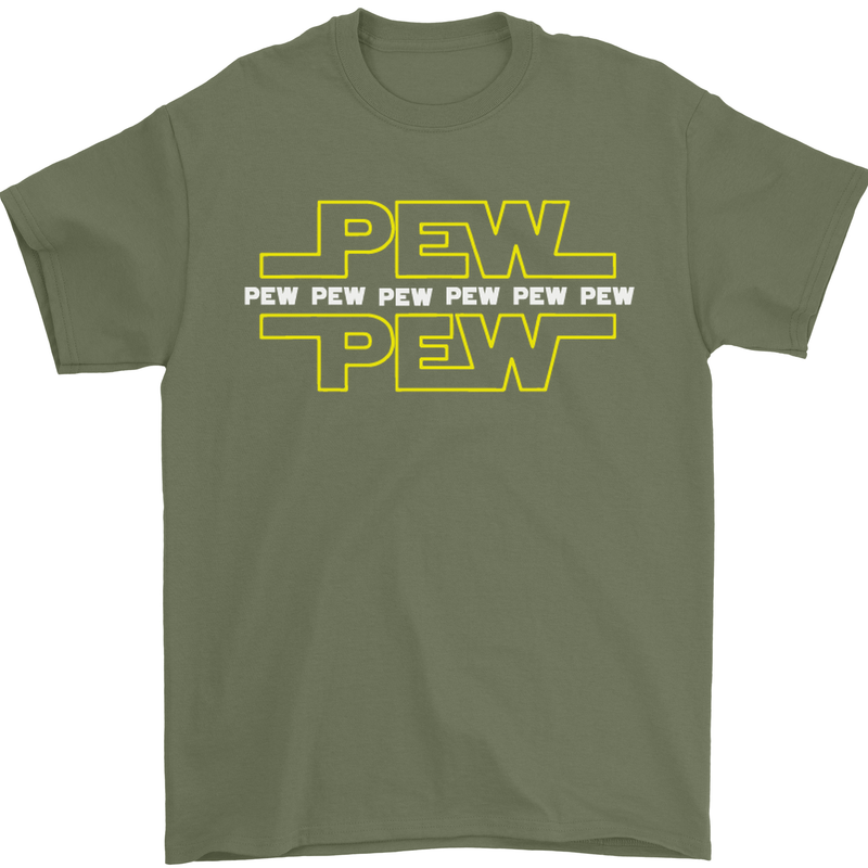 Pew Pew SCI-FI Movie Film Mens T-Shirt Cotton Gildan Military Green