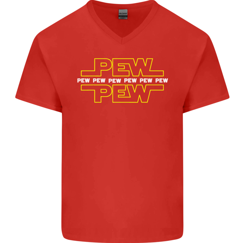 Pew Pew SCI-FI Movie Film Mens V-Neck Cotton T-Shirt Red