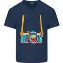 Photography Camera Around Neck Mens V-Neck Cotton T-Shirt Navy Blue