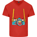 Photography Camera Around Neck Mens V-Neck Cotton T-Shirt Red