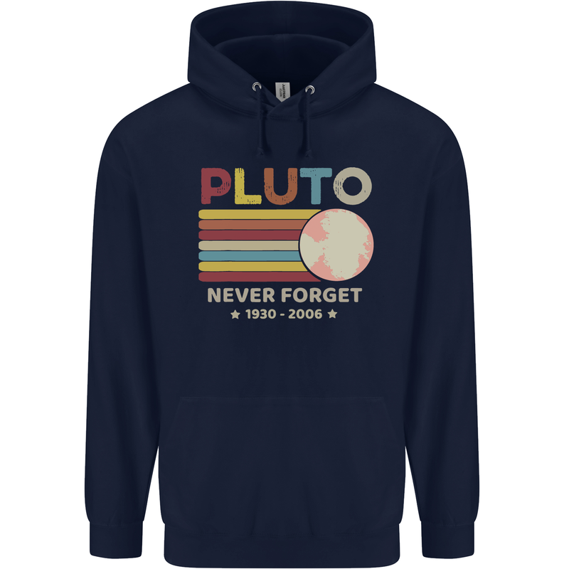 Pluto Never Forget Space Astronomy Planet Childrens Kids Hoodie Navy Blue