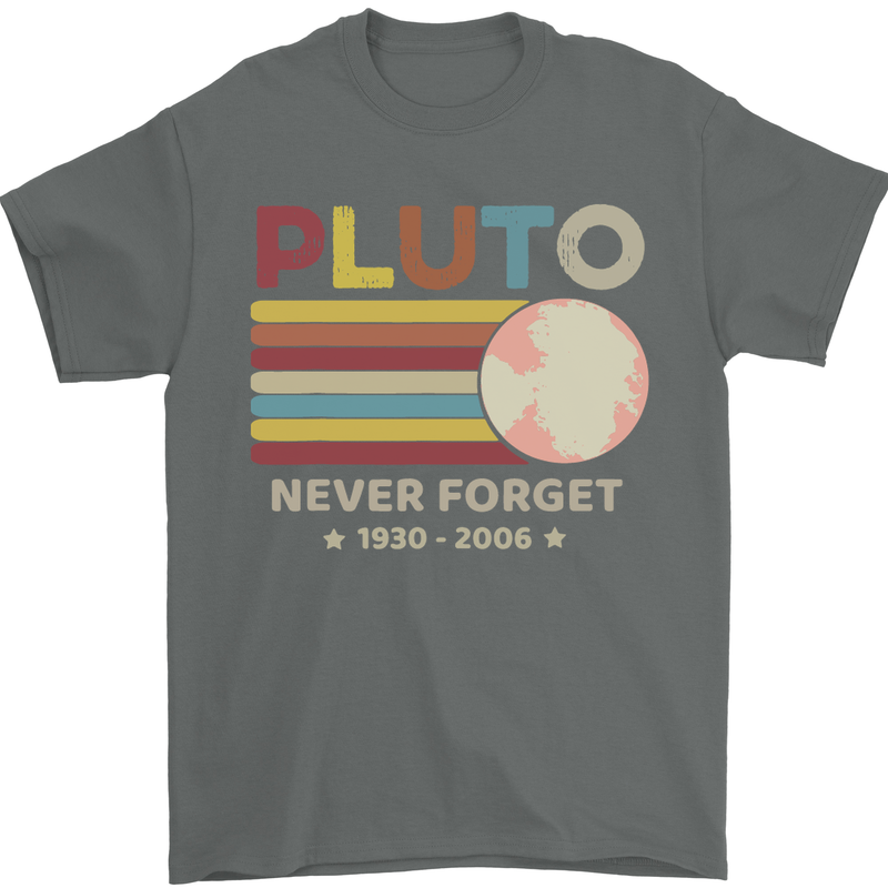 Pluto Never Forget Space Astronomy Planet Mens T-Shirt Cotton Gildan Charcoal