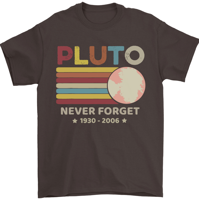 Pluto Never Forget Space Astronomy Planet Mens T-Shirt Cotton Gildan Dark Chocolate