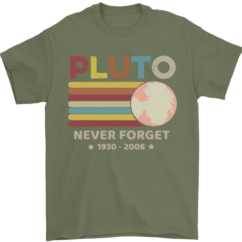 Pluto Never Forget Space Astronomy Planet Mens T-Shirt Cotton Gildan Military Green