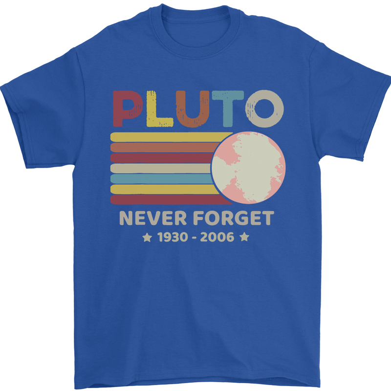 Pluto Never Forget Space Astronomy Planet Mens T-Shirt Cotton Gildan Royal Blue