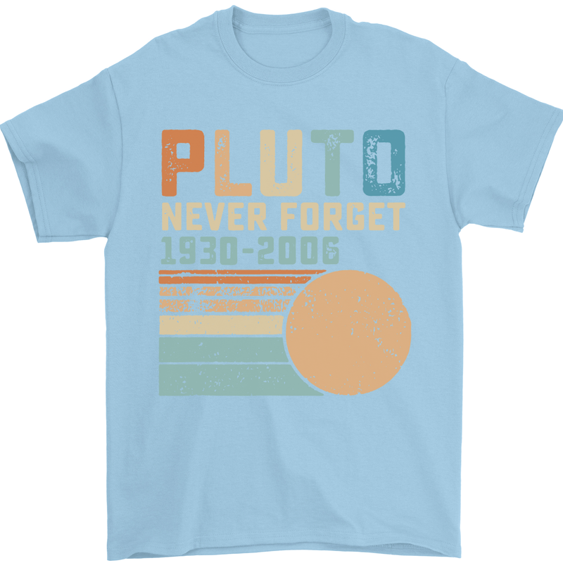 Pluto Never Forget Space Planet Astronomy Mens T-Shirt Cotton Gildan Light Blue