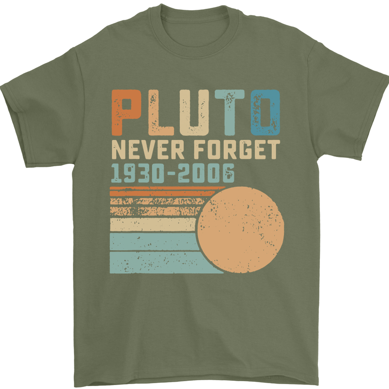 Pluto Never Forget Space Planet Astronomy Mens T-Shirt Cotton Gildan Military Green