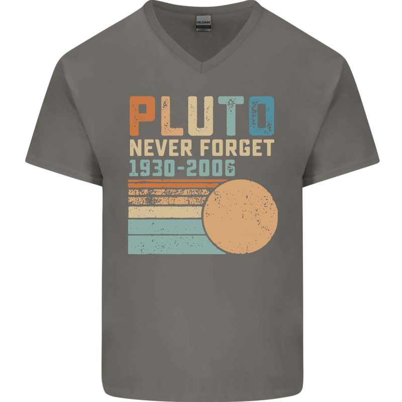 Pluto Never Forget Space Planet Astronomy Mens V-Neck Cotton T-Shirt Charcoal