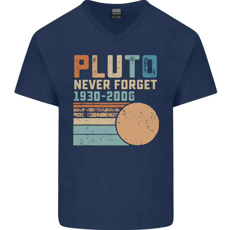 Pluto Never Forget Space Planet Astronomy Mens V-Neck Cotton T-Shirt Navy Blue