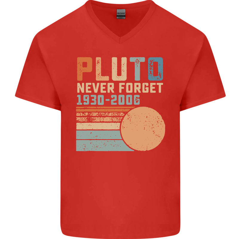 Pluto Never Forget Space Planet Astronomy Mens V-Neck Cotton T-Shirt Red
