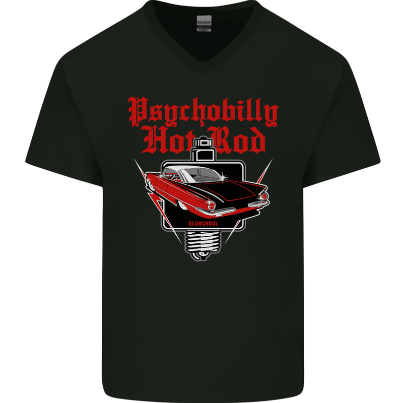 Psychobilly Hot Rod Hotrod Dragster Mens V-Neck Cotton T-Shirt Black