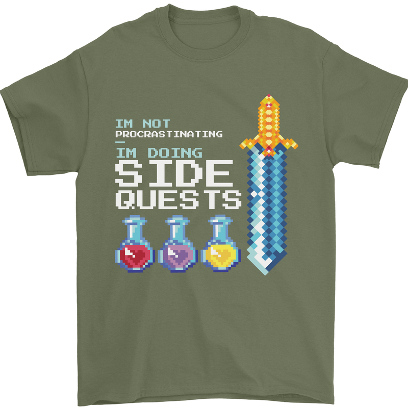 RPG Gaming I'm Doing Side Quests Gamer Mens T-Shirt Cotton Gildan Military Green