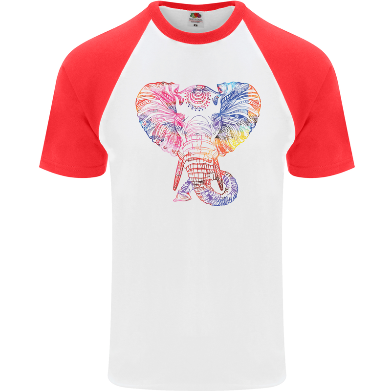 Mandala Art Elephant Contemporary Mens S/S Baseball T-Shirt White/Red
