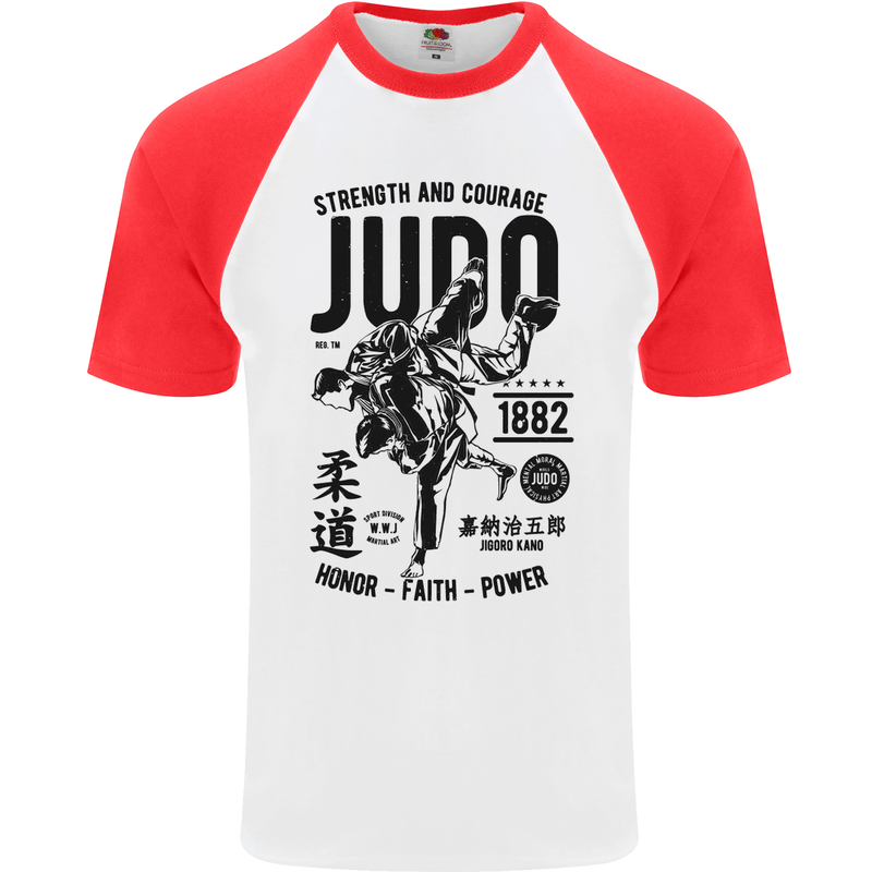 Judo Strength and Courage Martial Arts MMA Mens S/S Baseball T-Shirt White/Red