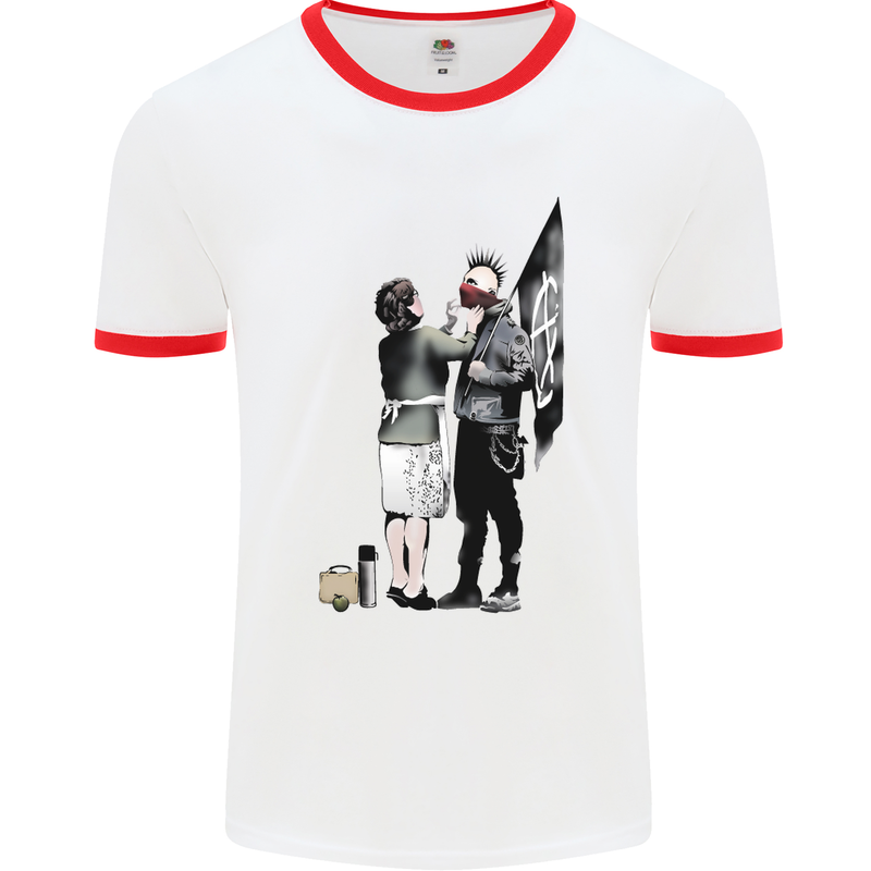 Anarchy Banksy Punk Mum Mens White Ringer T-Shirt White/Red