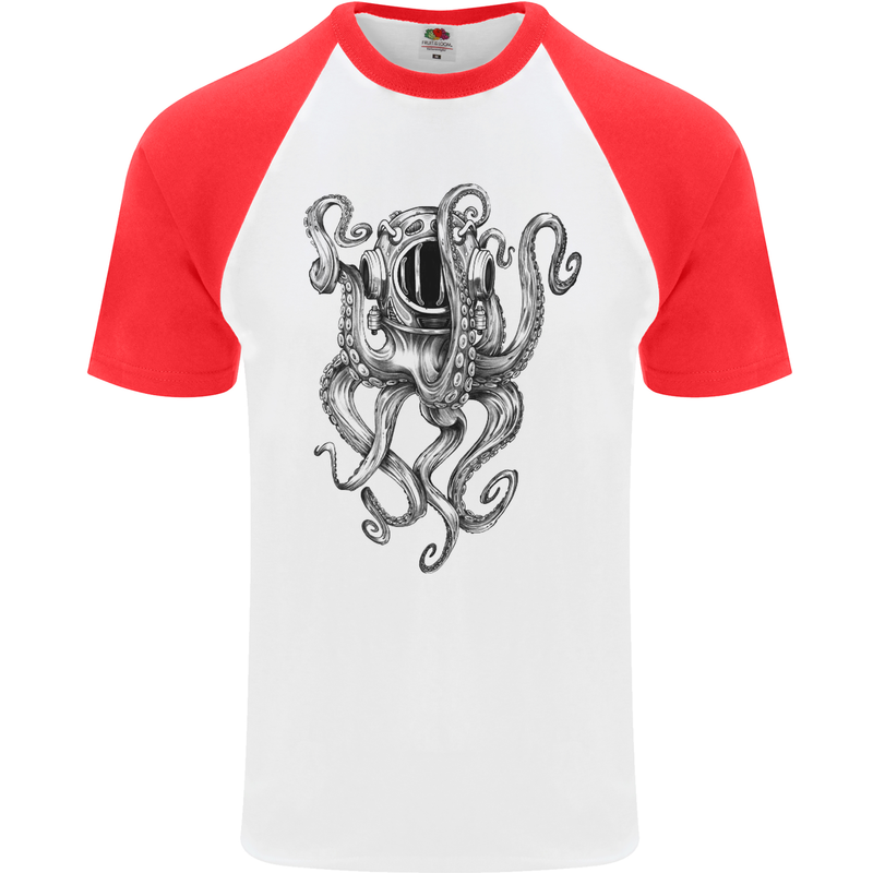 Scuba Diving Octopus Diver Mens S/S Baseball T-Shirt White/Red