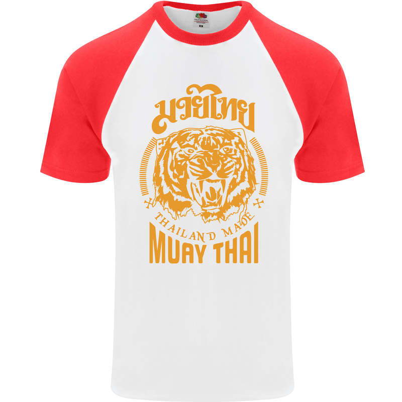 Muay Thai Fighter Warrior MMA Martial Arts Mens S/S Baseball T-Shirt White/Red