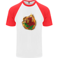 The Welsh Flag Fire Effect Wales Mens S/S Baseball T-Shirt White/Red