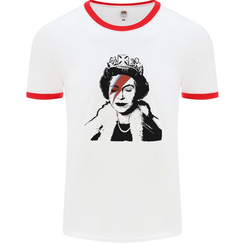 Banksy The Queen with a Bowie Look Mens White Ringer T-Shirt White/Red