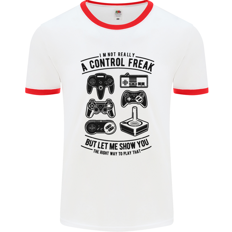 Control Freak Funny Gaming Gamer Mens White Ringer T-Shirt White/Red