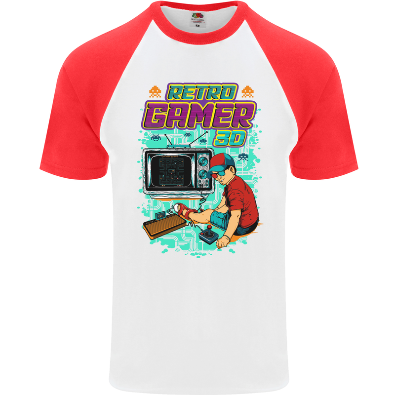 Retro Gamer Arcade Games Gaming Mens S/S Baseball T-Shirt White/Red