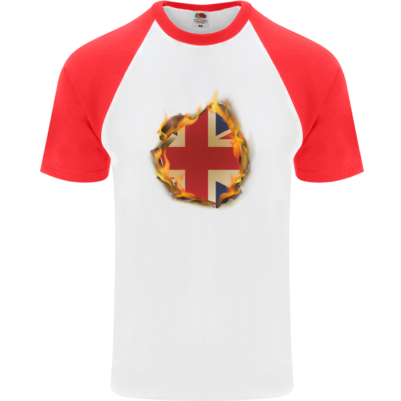Union Jack Flag Fire Effect Great Britain Mens S/S Baseball T-Shirt White/Red