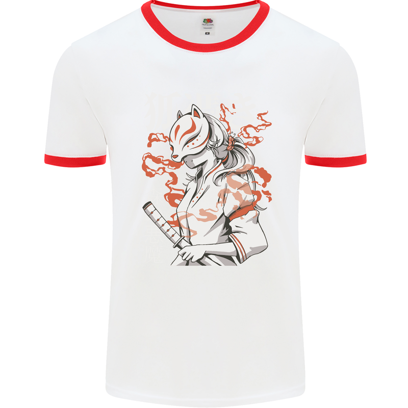 Japanese Kitsune Paranormal Fox Mens White Ringer T-Shirt White/Red