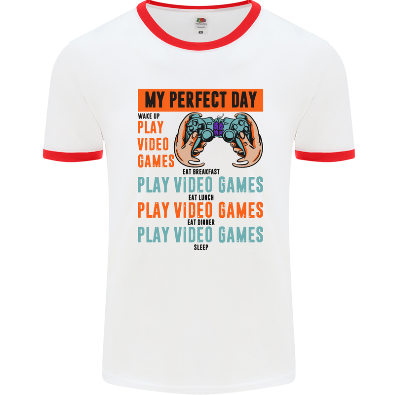My Perfect Day Video Games Gaming Gamer Mens White Ringer T-Shirt White/Red
