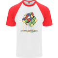 Dripping Rubik Cube Funny Puzzle Mens S/S Baseball T-Shirt White/Red