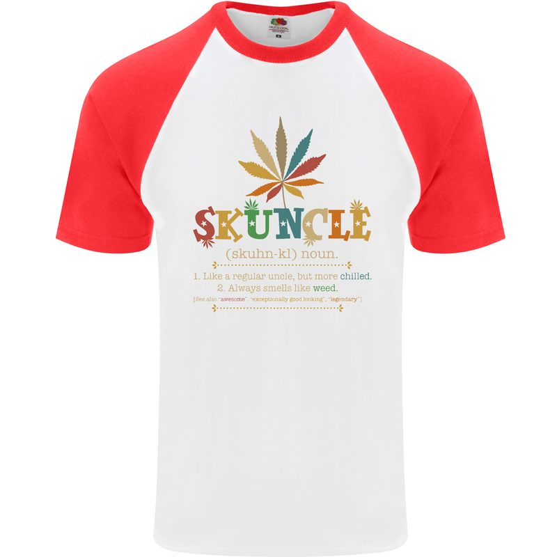 Skuncle Uncle That Smokes Weed Funny Drugs Mens S/S Baseball T-Shirt White/Red