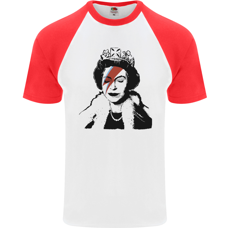 Banksy The Queen with a Bowie Look Mens S/S Baseball T-Shirt White/Red
