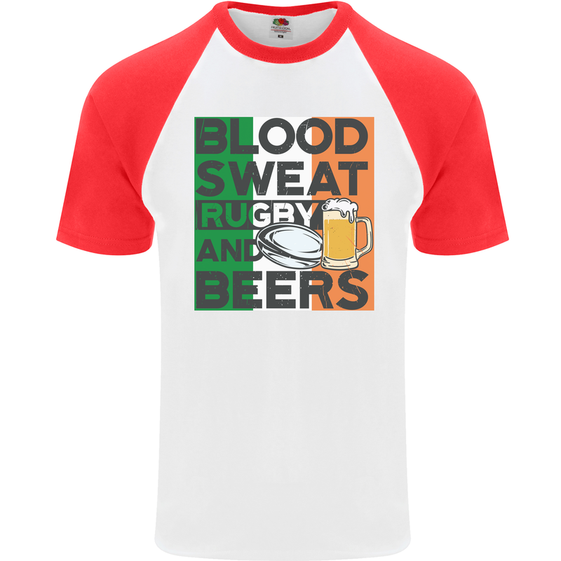 Blood Sweat Rugby and Beers Ireland Funny Mens S/S Baseball T-Shirt White/Red