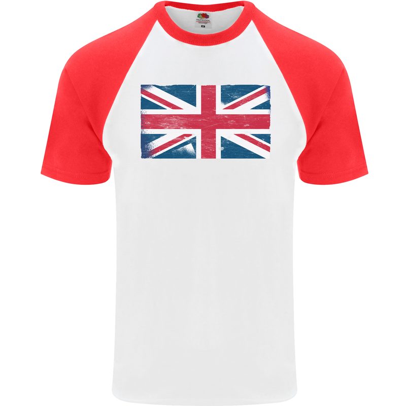 Distressed Union Jack Flag Great Britain Mens S/S Baseball T-Shirt White/Red
