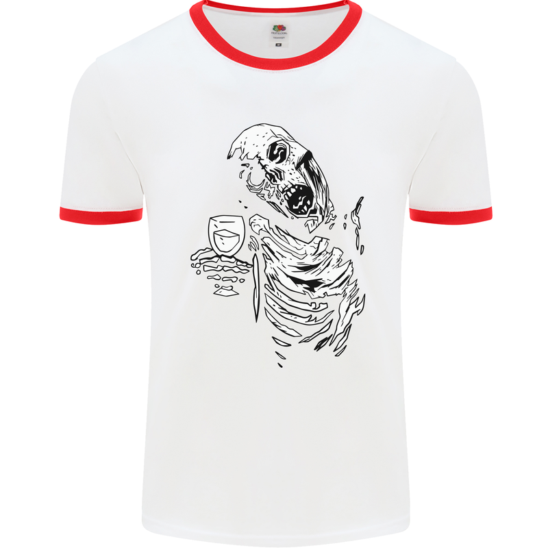 Zombie Cheer Skull Halloween Alcohol Beer Mens Ringer T-Shirt White/Red