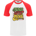 Peace Love Music Guitar Hippy Flower Power Mens S/S Baseball T-Shirt White/Red