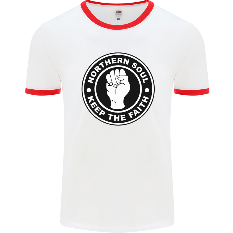 Northern Soul Keeping the Faith Mens White Ringer T-Shirt White/Red