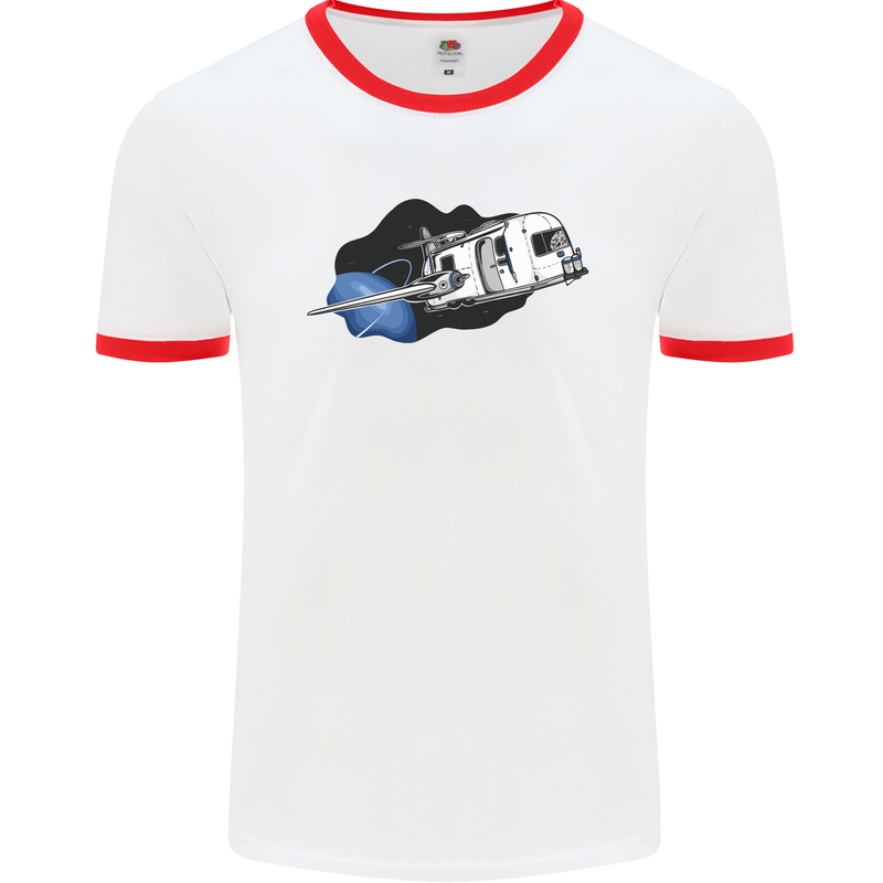 Funny Caravan Space Shuttle Caravanning Mens White Ringer T-Shirt White/Red